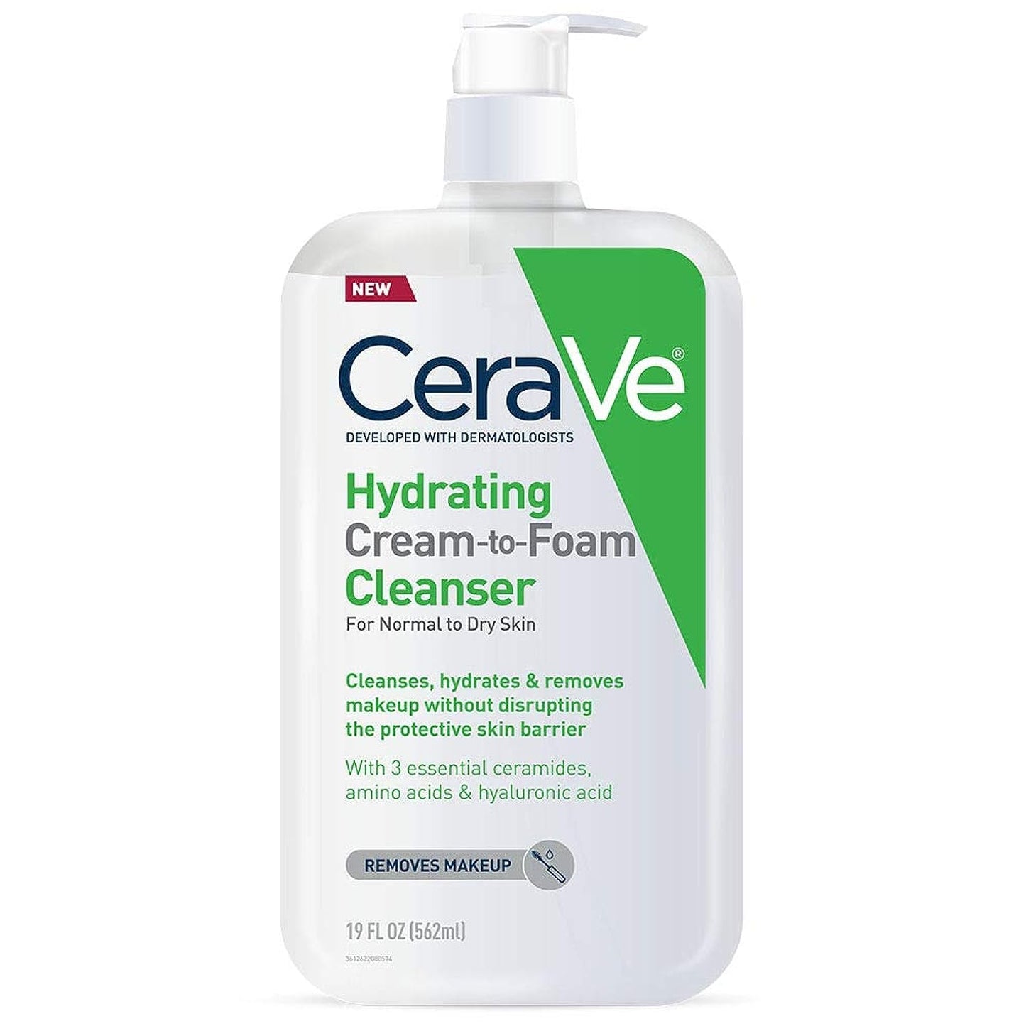CeraVe Hydrating Cream-to-Foam Cleanser — Makeup-Removing Face Wash with Hyaluronic Acid for Dry Skin, 19 fl oz