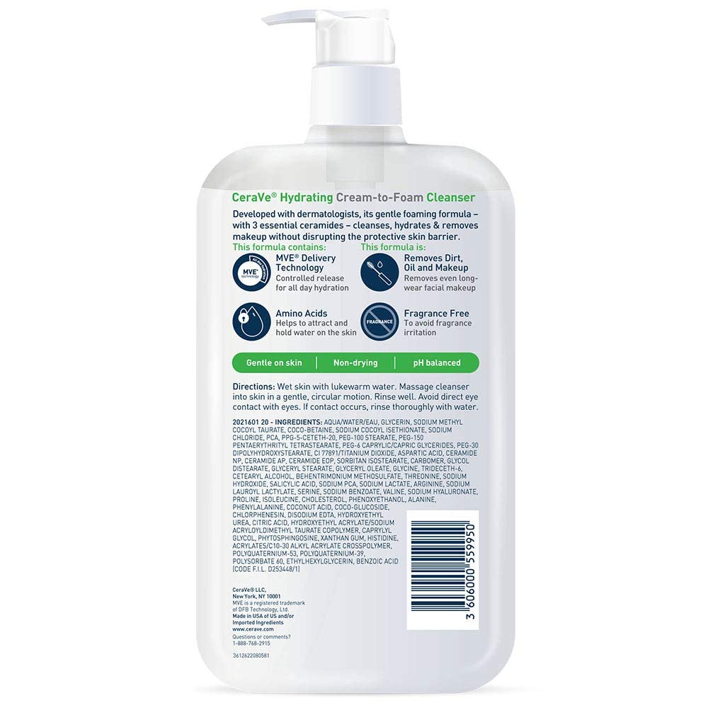 CeraVe Hydrating Cream-to-Foam Cleanser — Makeup-Removing Face Wash with Hyaluronic Acid for Dry Skin, 19 fl oz