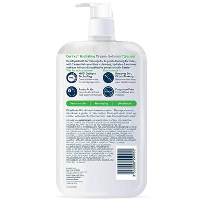 CeraVe Hydrating Cream-to-Foam Cleanser — Makeup-Removing Face Wash with Hyaluronic Acid for Dry Skin, 19 fl oz