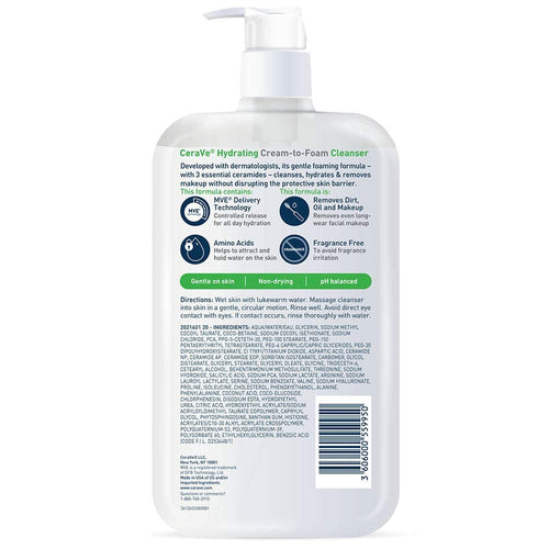 CeraVe Hydrating Cream-to-Foam Cleanser — Makeup-Removing Face Wash with Hyaluronic Acid for Dry Skin, 19 fl oz