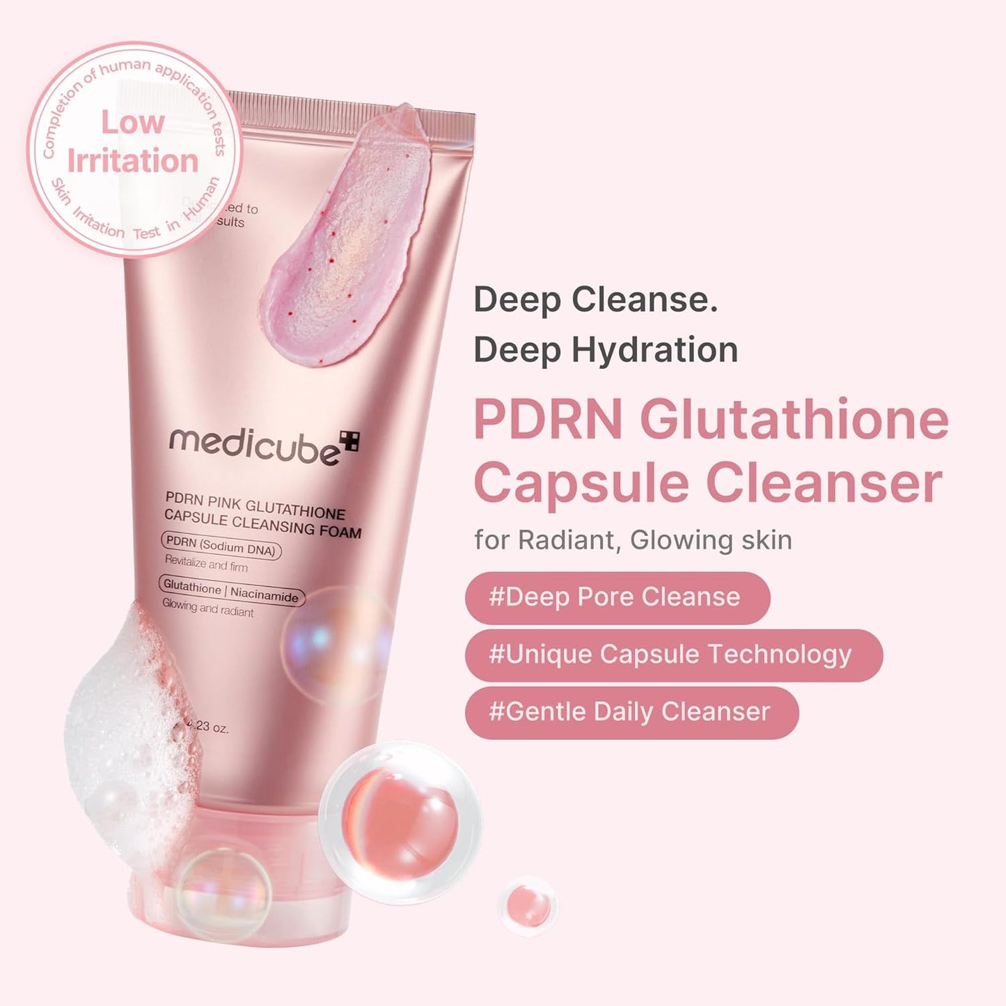medicube PDRN Pink Glutathione Capsule Foam Cleanser — Hydrating Daily Face Wash for Pore Care & Even Tone