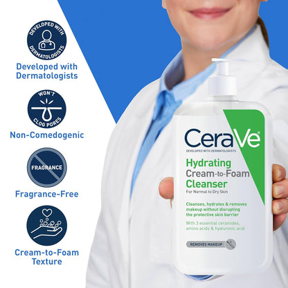 CeraVe Hydrating Cream-to-Foam Cleanser — Makeup-Removing Face Wash with Hyaluronic Acid for Dry Skin, 19 fl oz